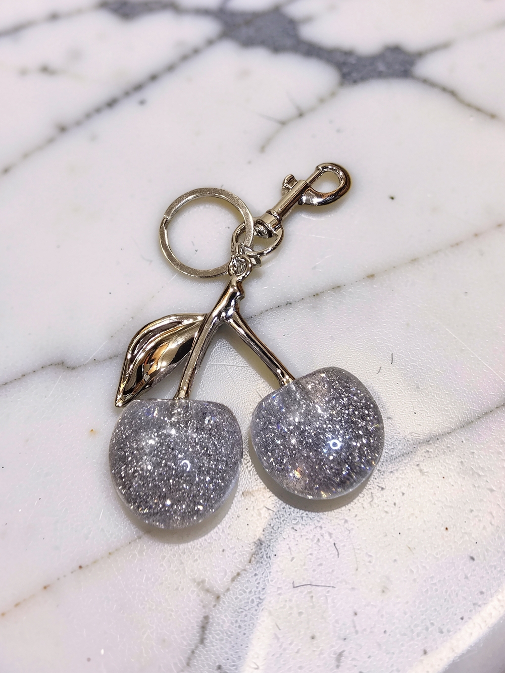 Silver Glitter Cherry Keychain Bag Charm